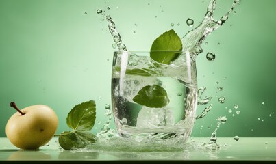  an apple and a glass of water with ice and mint.  generative ai