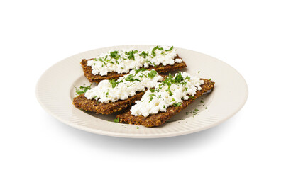 Plate with tasty cottage cheese and rye bread on white background