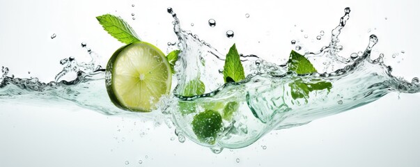  a lime with leaves and water splashing on it's surface.  generative ai