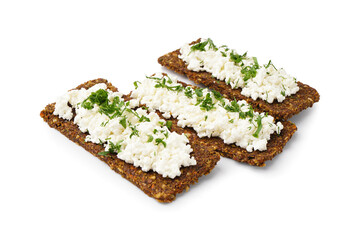 Tasty cottage cheese and rye bread on white background