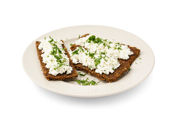 Plate with tasty cottage cheese and rye bread on white background