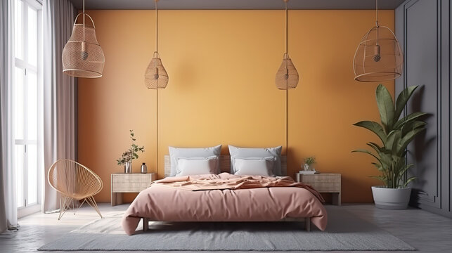Nomadic style bedroom interior background, 3d render. Generative Ai