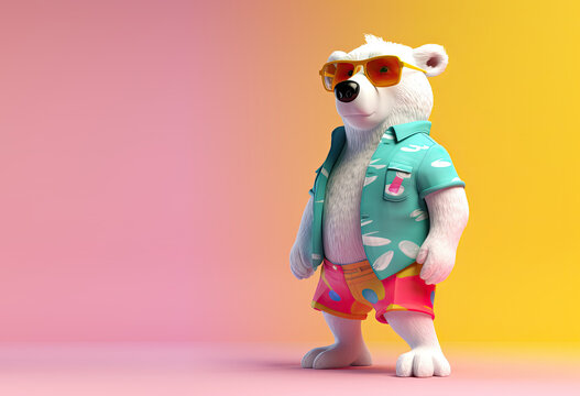 Cute Cartoon Polar Bear wearing Colorful Vacation Clothes (Generative AI)