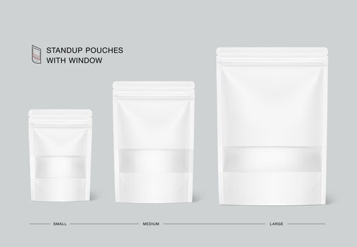 Stand up pouch bag mockups with transparent window mockup. Vector illustration. Front view. Can be use for template your design, presentation, promo, ad. EPS10.	