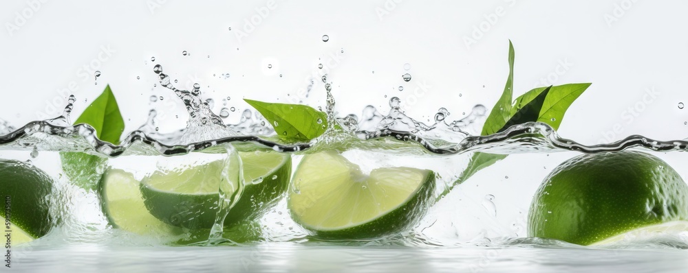 Poster limes with leaves and water splashing on them on a white background. generative ai