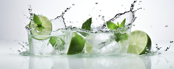 Fototapeta na wymiar limes and lime slices are splashing into a glass of water. generative ai