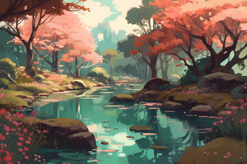 Japanese garden, adorned with blooming cherry blossom trees. generative AI