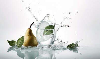 a pear and a glass of water with leaves on the side.  generative ai