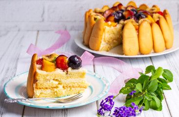 Delicious fruit cake (Turkish name; meyveli yas pasta, karisik meyveli yas pasta)