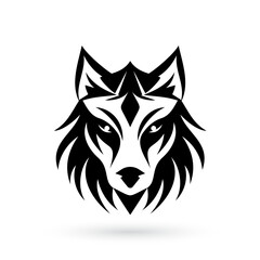 Wolf head tribal logo with a shadowy intensity, simplified forms and bold shapes on white