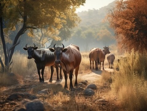 Group of Cow in natural habitat (generative AI)