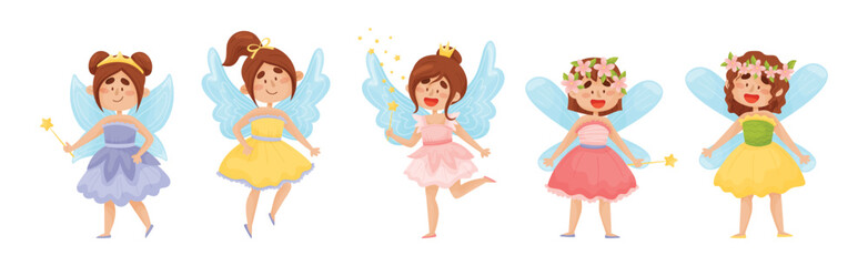 Cute Girl Fairy with Magic Wand Flying with Wings Vector Set.
