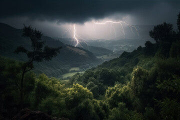 Lightning flashes on dramatic night sky, lightning strikes in wild nature, AI Generated landscape
