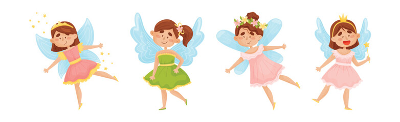 Cute Girl Fairy with Magic Wand Flying with Wings Vector Set.