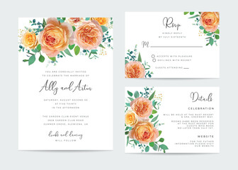 Floral wedding invite, rsvp, details card. Peach, orange, yellow color rose flowers, greenery eucalyptus branches, leaves bouquet. Watercolor style, editable vector illustration. Elegant templates set