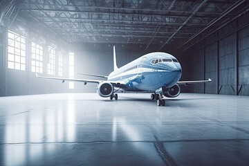 an airplane parked inside a spacious hangar with maintenance workers in the background. Generative AI Generative AI