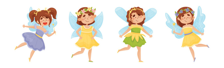 Cute Girl Fairy with Magic Wand Flying with Wings Vector Set.