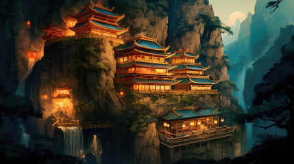 Ancient Chinese temple deep gorge. Generative AI