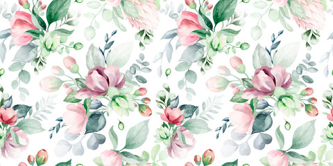 Floral watercolor seamless pattern. Delicate peonies with green leaves. Botanical background for textiles and wallpaper.