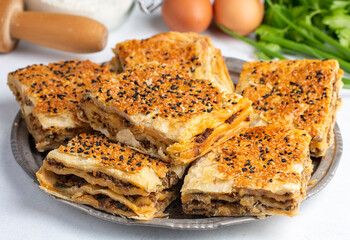 Traditional delicious Turkish cuisine, Turkish food; handmade mince pie, Turkish name; Kayseri Tandir boregi, Tandir boregi