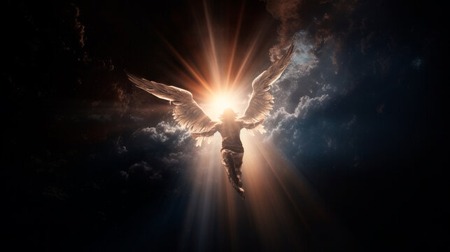 Angel flying from earth to heaven giving light in the darkness, God, Way to heaven, Creative artwork. Generative AI