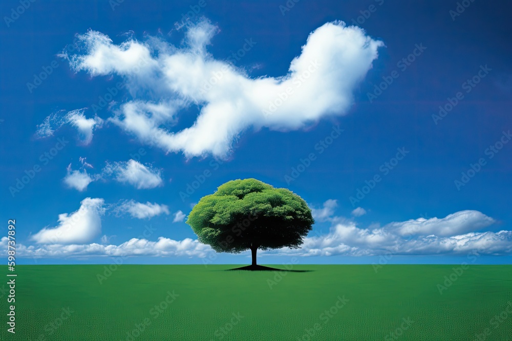 Aufkleber solitary tree standing in a lush green field with a cloudy blue sky overhead. generative ai generati