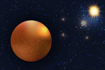Obraz na płótnie Canvas Shining planet on a background of starry night. Deep spase, Universe, orange glowing Mercury with a reflections of stars and Sun. Vector illustration.