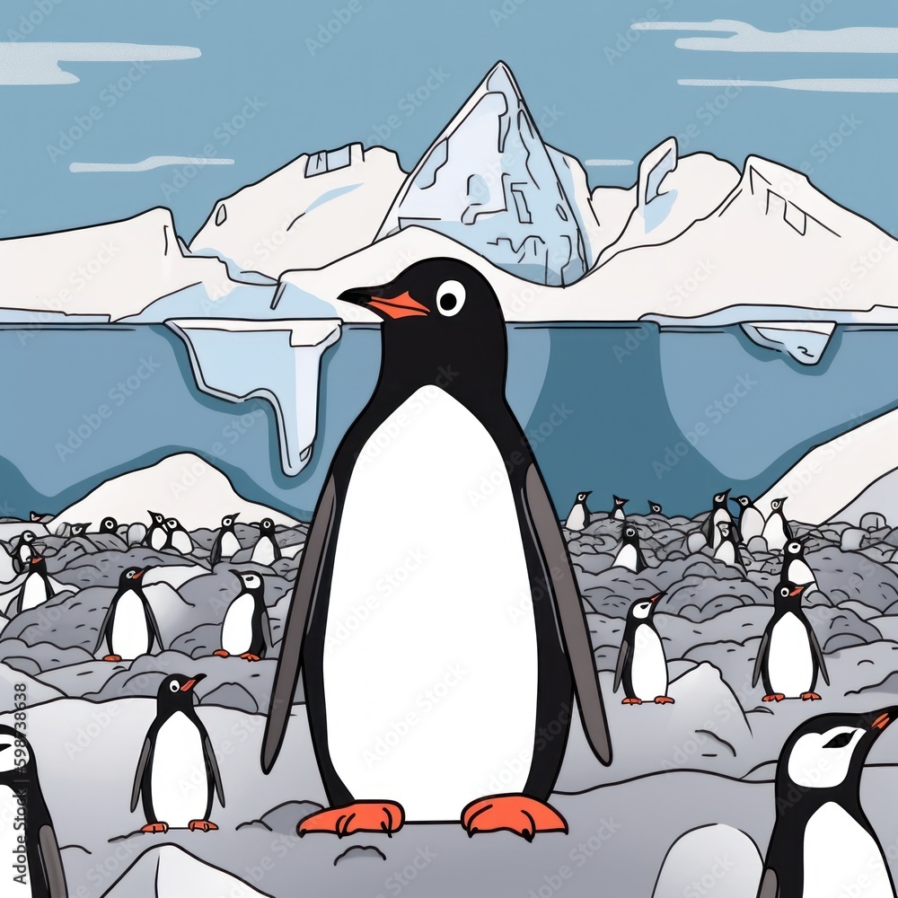 Poster a group of penguins standing on top of a snow covered field. ai generative image.