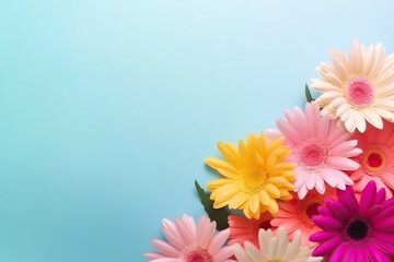 A variety of colorful flowers on blue background. Generative AI