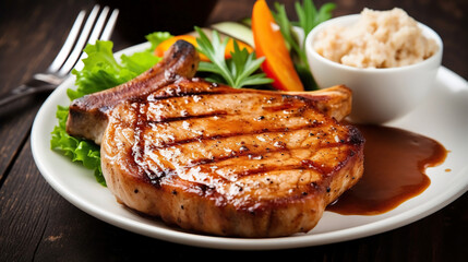Juicy grilled pork chop fillet steak. Generative AI - 598738658