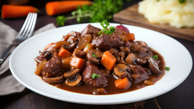 Beef Bourguignon with carrots,onions and mushrooms. Generative AI