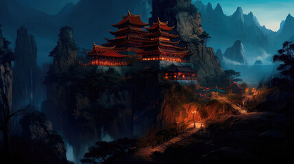 Obraz premium Ancient Chinese temple deep gorge. Generative AI