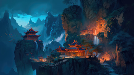 Ancient Chinese temple deep gorge. Generative AI