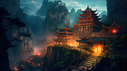 Ancient Chinese temple deep gorge. Generative AI - obrazy, fototapety, plakaty