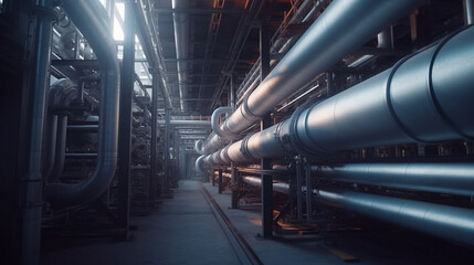 Industry pipeline transport petrochemical, gas and oil processing, furnace factory line, rack of heat chemical manufacturing, equipment steel pipes plant. Generative AI