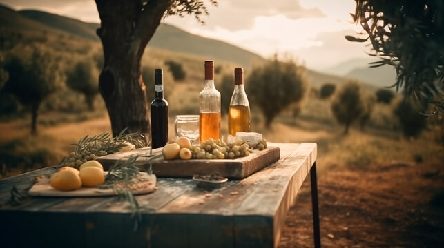 Outdoor Rustic Table With Cheese, Wine And Olive Oil In An Italian Scenery. Food. Traditional Food. Picnic. Table With Plates And Bottles. Italian Landscape. Cheese Platter. Generative AI