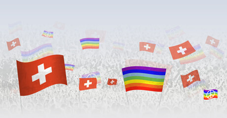 People waving Peace flags and flags of Switzerland. Illustration of throng celebrating or protesting with flag of Switzerland and the peace flag.