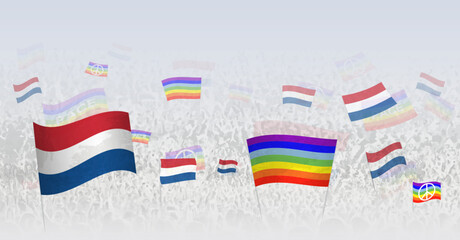 People waving Peace flags and flags of Netherlands. Illustration of throng celebrating or protesting with flag of Netherlands and the peace flag.