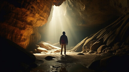 Fototapeta premium The man in the cave. Light falls from above. Generative AI
