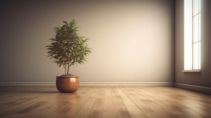 Fototapeta na wymiar A small tree in an empty room. Generative AI