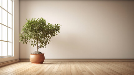 A small tree in an empty room. Generative AI