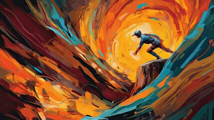 Fototapeta na wymiar abstract painting of a cave - person on a rock jumping over a gap - depicting Psychological Safety