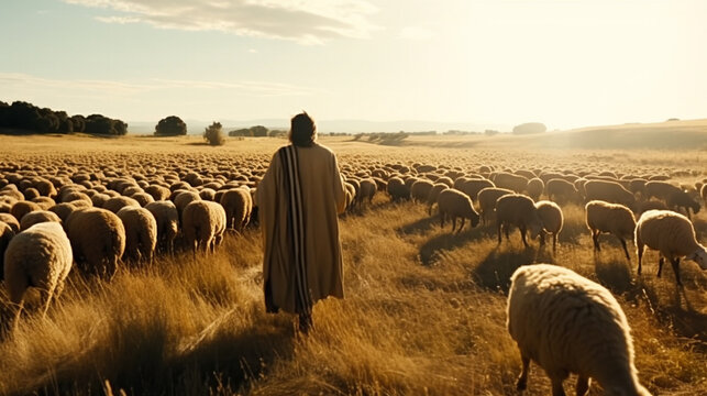 Jesus and the flock in the field. Generative AI