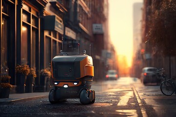 Naklejka na ściany i meble Self driving devivery robot on city street