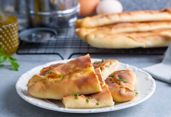 Turkish cuisine, handmade pita with cheddar cheese, pastry. Turkish name; kasarli pide