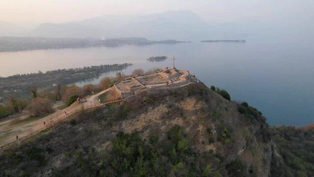 Aerial view on Rocca di Manerba Lake Garda Italy. Generative AI