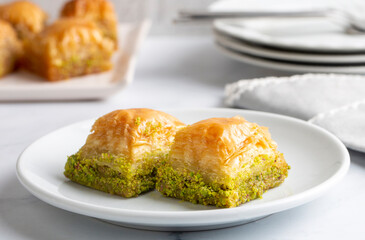 Traditional delicious Turkish dessert; pistachio baklava (Turkish name; kuru baklava)
