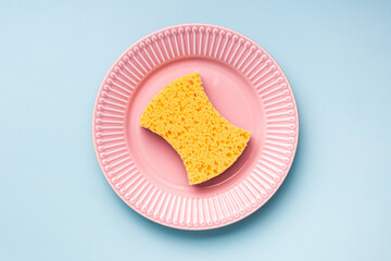 Sponge for washing dishes on plate. Top view.
