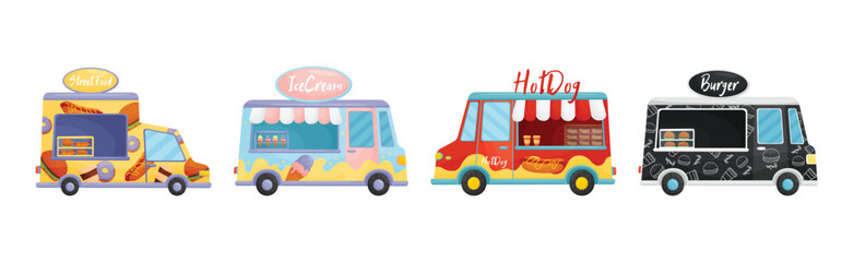 Food Truck or Van Selling Hot Dog, Ice Cream and Burger Vector Set
