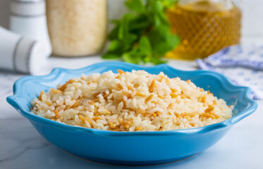 Traditional delicious Turkish food; Turkish style rice pilaf (Turkish name; Arpa sehriyeli pirinc pilavi)